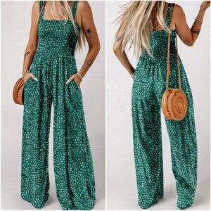 Boho Floral Print Smocked Bodice Wide Leg Jumpsuit